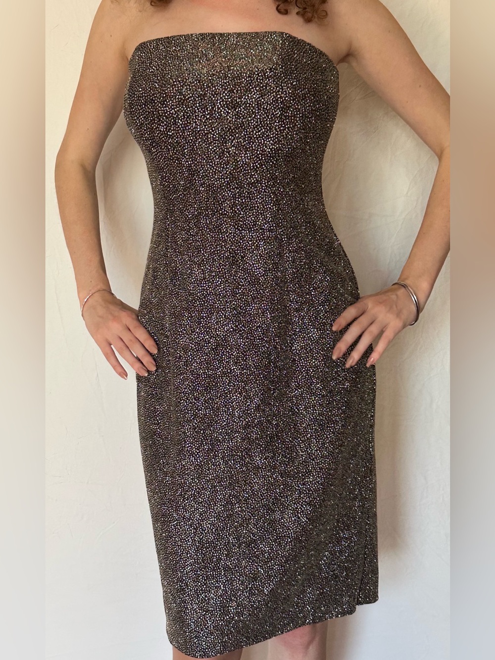 Strapless Sparkle Sheath Dress in Metallic Black